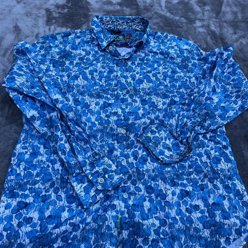 Robert Graham Mens XL Blue White Abstract Leaf Print Button Down Classic Shirt